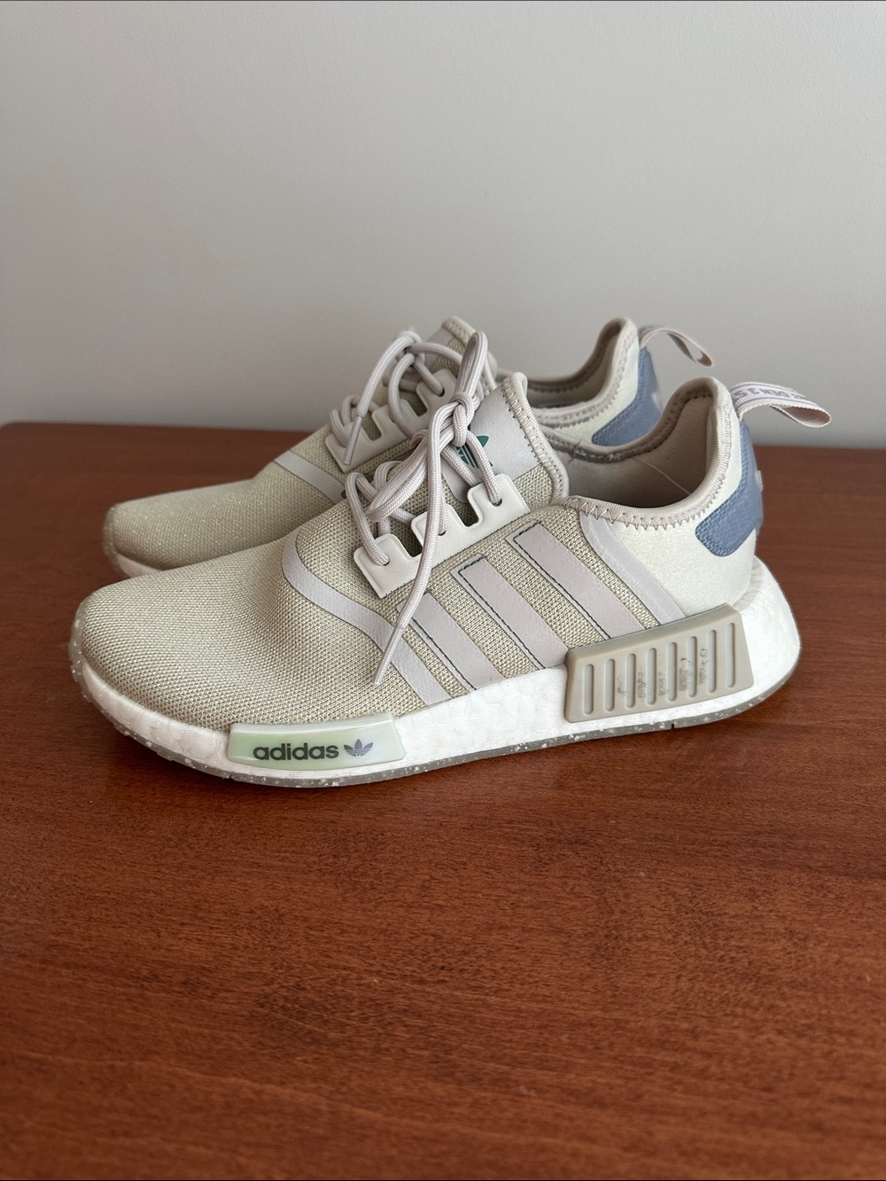 adidas Women’s NMD_R1 Sneakers in Cream and Light Gray with Blue Heel
